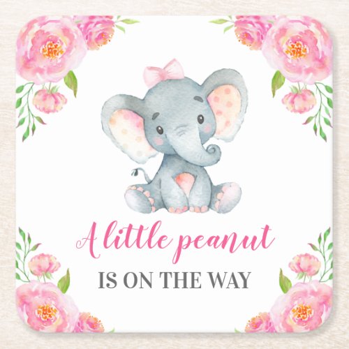 Pink Elephant Baby Girl Shower Sprinkle Birthday Square Paper Coaster
