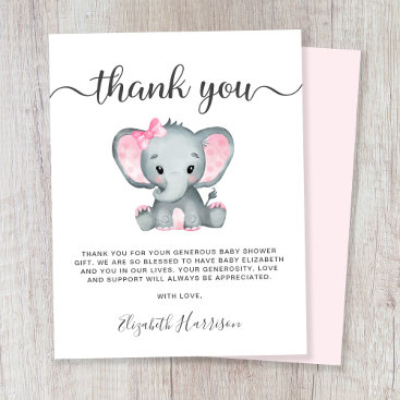 Pink Elephant Baby Girl Shower Thank You Card