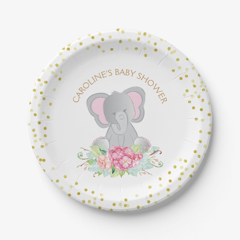 Pink Elephant Baby Girl Shower Watercolor Floral Paper Plate