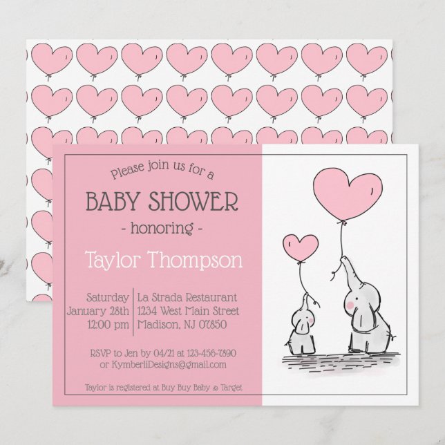 Pink Elephant Baby heart balloon Shower Invitation (Front/Back)
