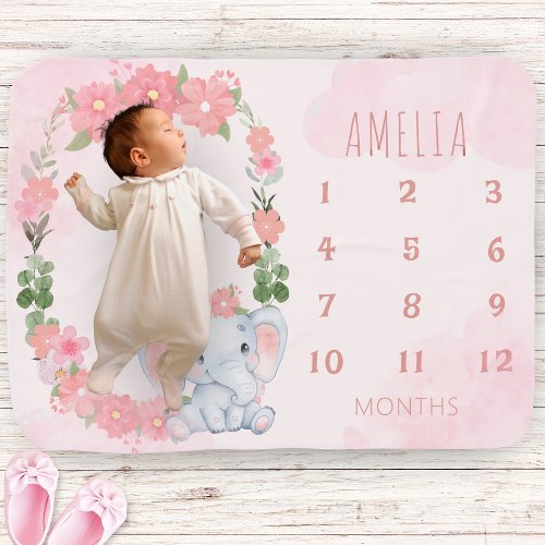 Pink elephant baby milestones nursery decor  baby blanket