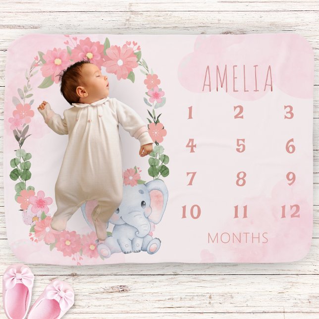 Pink elephant baby milestones nursery decor  baby blanket (Creator Uploaded)