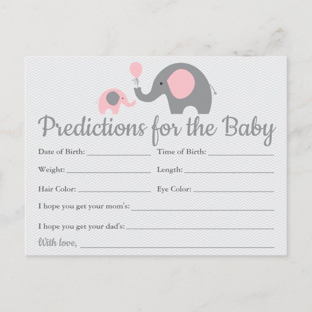Pink Elephant Baby Predictions Cards Baby Shower (Front)
