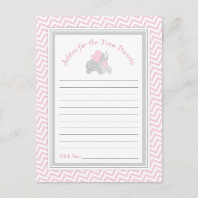 Pink Elephant Baby Shower Advice for New Parents (Front)