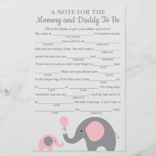 Pink Elephant Baby Shower Advice Game Cards