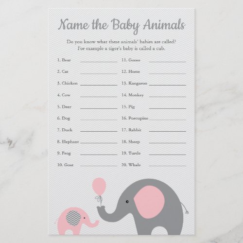 Pink Elephant Baby Shower Baby Animal Name Game Flyer