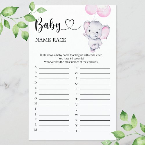 Pink Elephant Baby shower Baby Name Race Game