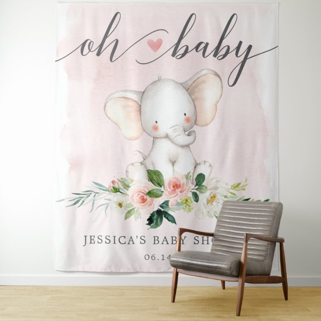 Pink Elephant Baby Shower Banner Photo Backdrop (In Situ)