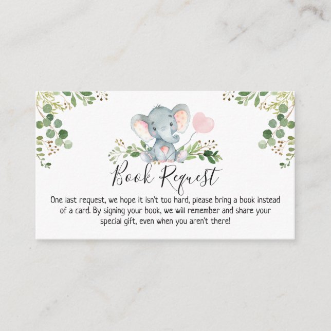 Pink Elephant Baby Shower Book Request  Enclosure Card (Front)