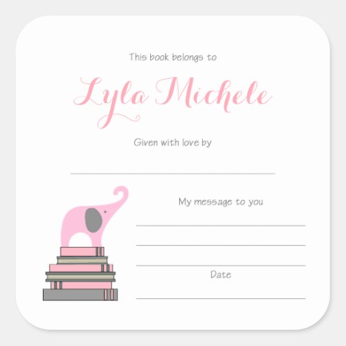 Pink Elephant baby shower bookplate