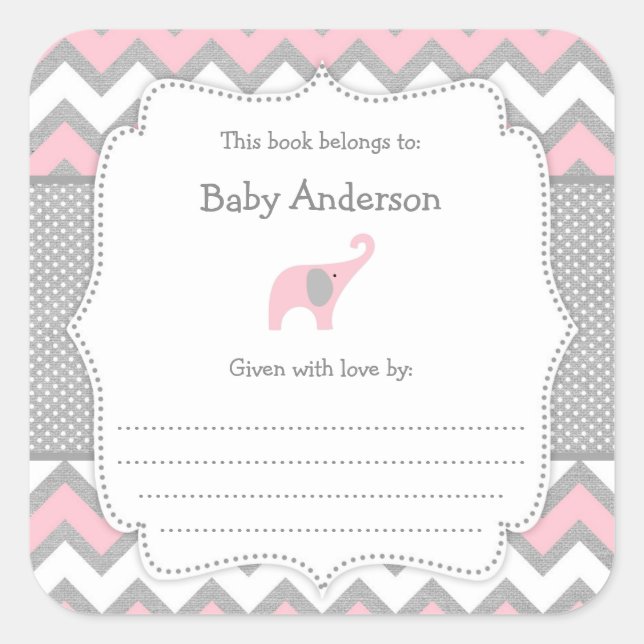Pink Elephant Baby Shower bookplate book sticker (Front)