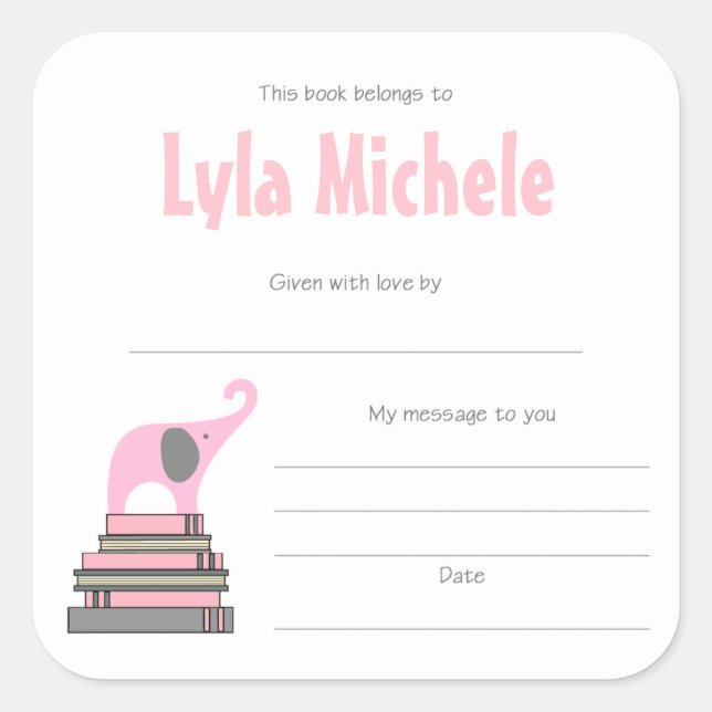 Pink Elephant baby shower bookplates GIRL (Front)