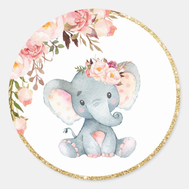 Pink Elephant Baby Shower Favor Sticker Labels (Front)