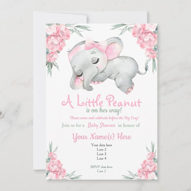 Pink Elephant Baby Shower Floral cute rustic Invitation (Front)