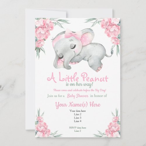 Pink Elephant Baby Shower Floral cute rustic Invitation