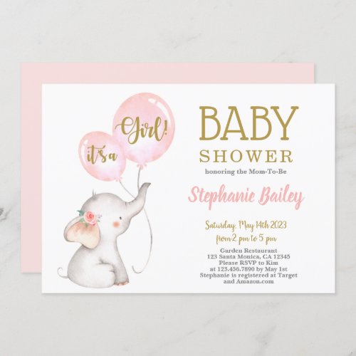 Pink Elephant Baby Shower girl Invitation