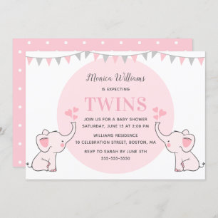 Pink Elephant Baby Shower Girl Twins Baby Shower Invitation