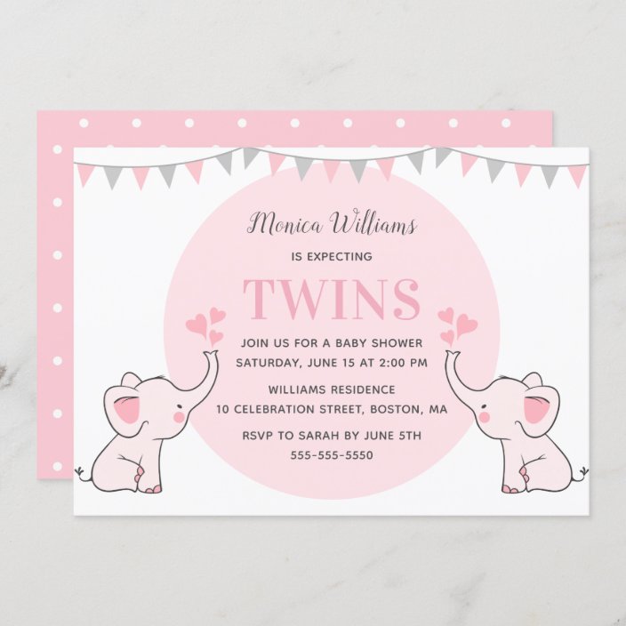 Pink Elephant Baby Shower Girl Twins Baby Shower Invitation Zazzle Com