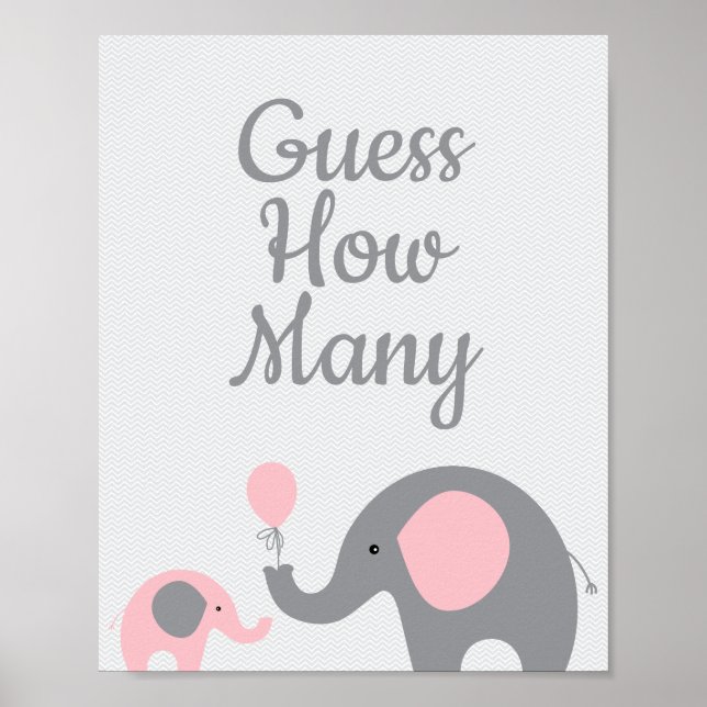 Pink Elephant Baby Shower Guess How Many Game Sign (Front)