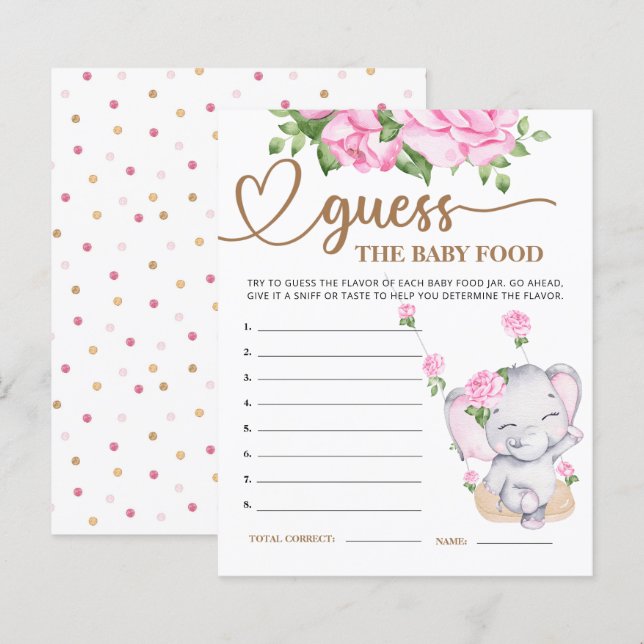 Pink Elephant Baby Shower Guess the Baby Food Card (Front/Back)