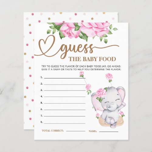 Pink Elephant Baby Shower Guess the Baby Food Card