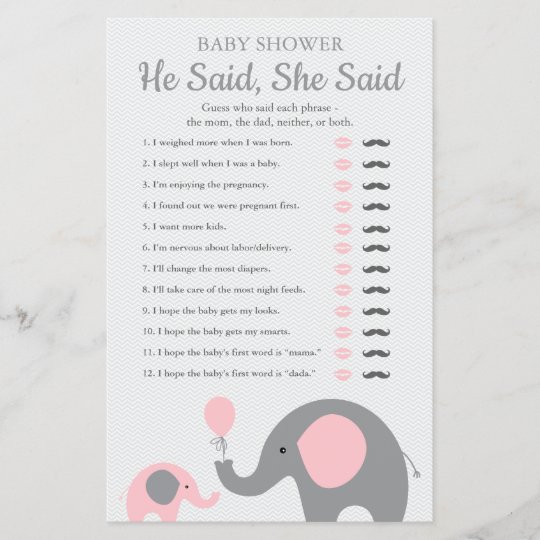 Pink Elephant Baby Shower He Said She Said Game Zazzle Com