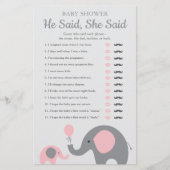Pink Elephant Baby Shower He Said She Said Game (Front)