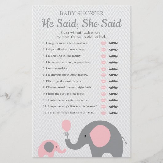 Pink Elephant Baby Shower He Said She Said Game (Front)