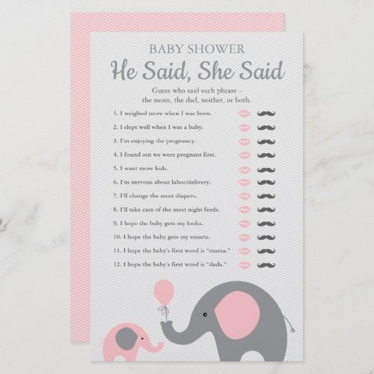 Pink Elephant Baby Shower He Said She Said Game (Front/Back)