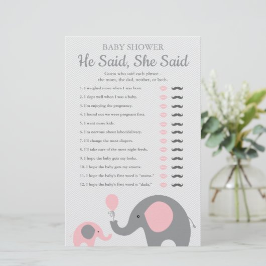 Pink Elephant Baby Shower He Said She Said Game (Standing Front)