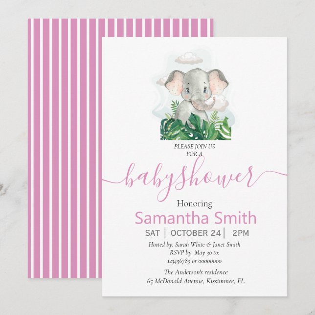 Pink Elephant Baby Shower Invitation (Front/Back)