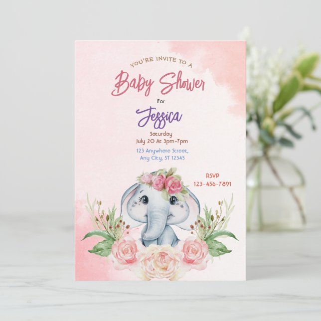 Pink Elephant Baby Shower Invitation  (Standing Front)