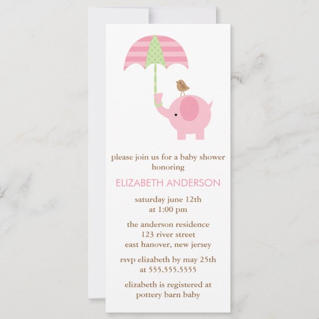 Pink Elephant Baby Shower Invitation (Front)