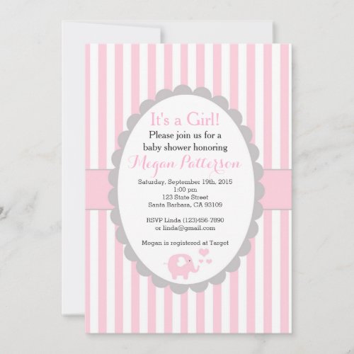 Pink Elephant Baby Shower Invitation for a Girl