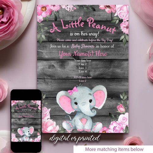 Pink Elephant Baby Shower invitation rustic Girl Invitation