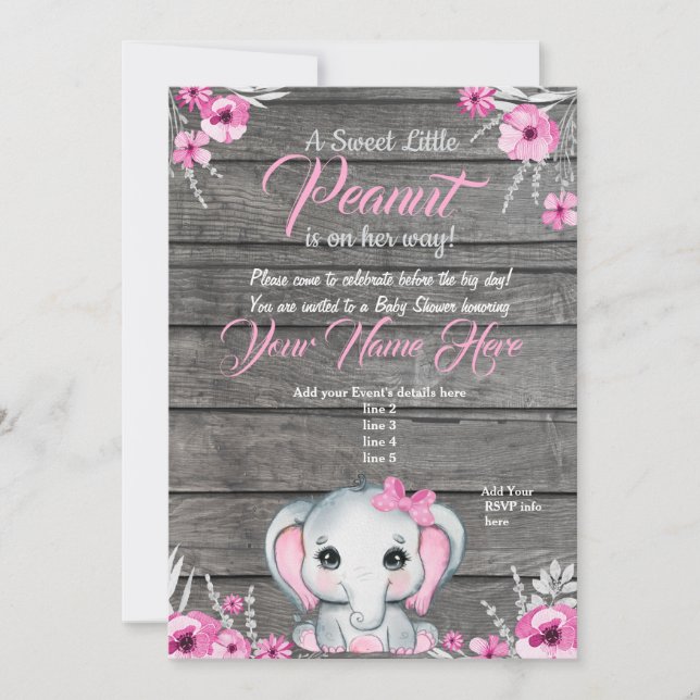Pink Elephant Baby Shower Invitation, rustic, girl Invitation (Front)