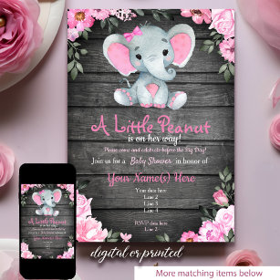 Pink  Elephant Baby Shower invitation, rustic Invitation