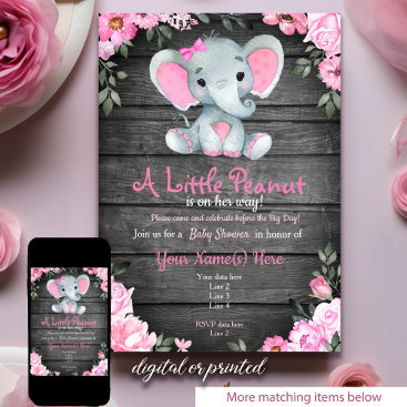 Pink  Elephant Baby Shower invitation, rustic Invitation