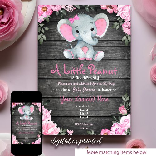 Pink  Elephant Baby Shower invitation rustic Invitation