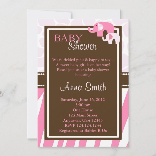 Pink Elephant Baby Shower Invitation Vertical (Front)