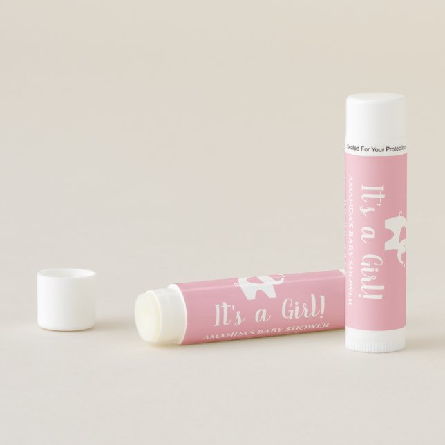 Pink elephant baby shower lip balm party favor (In Situ)