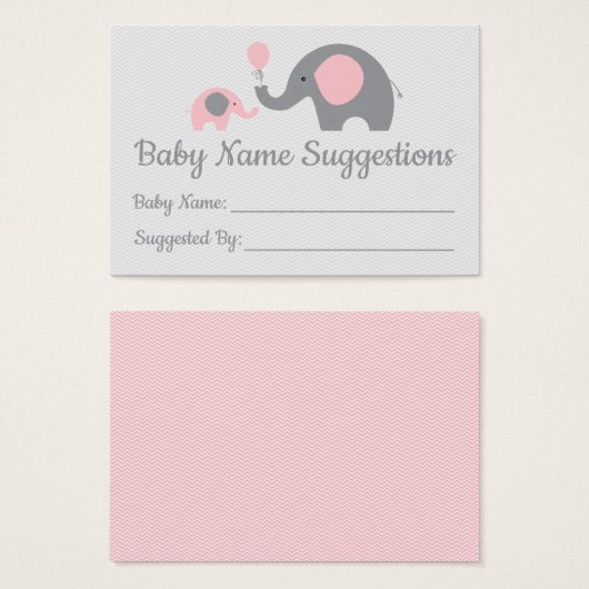 Pink Elephant Baby Shower Name Suggestion Cards (Front & Back)