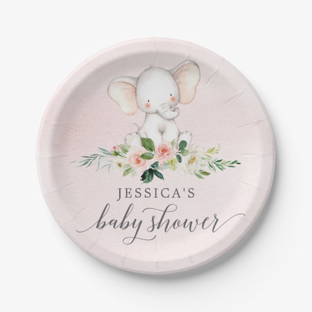 Pink Elephant Baby Shower Paper Plate (Front)