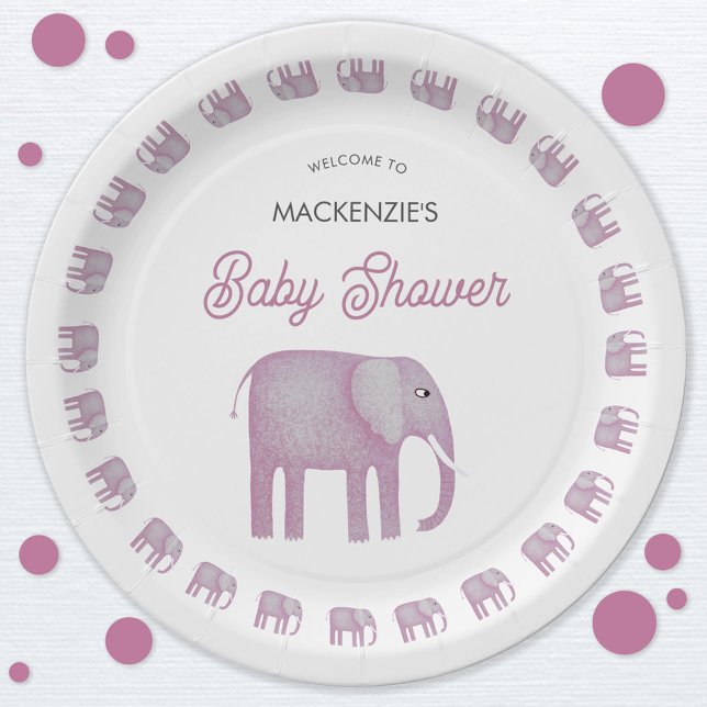 Pink Elephant Baby Shower Paper Plates (Pink watercolor elephant baby shower paper party plate)
