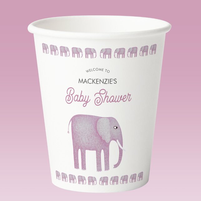 Pink Elephant Baby Shower Personalized Paper Cups (Pink watercolor elephant baby shower paper cup)