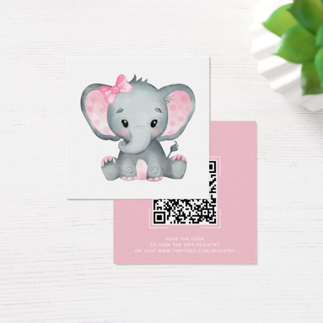 Pink Elephant Baby Shower Registry QR Code Card (Desk)