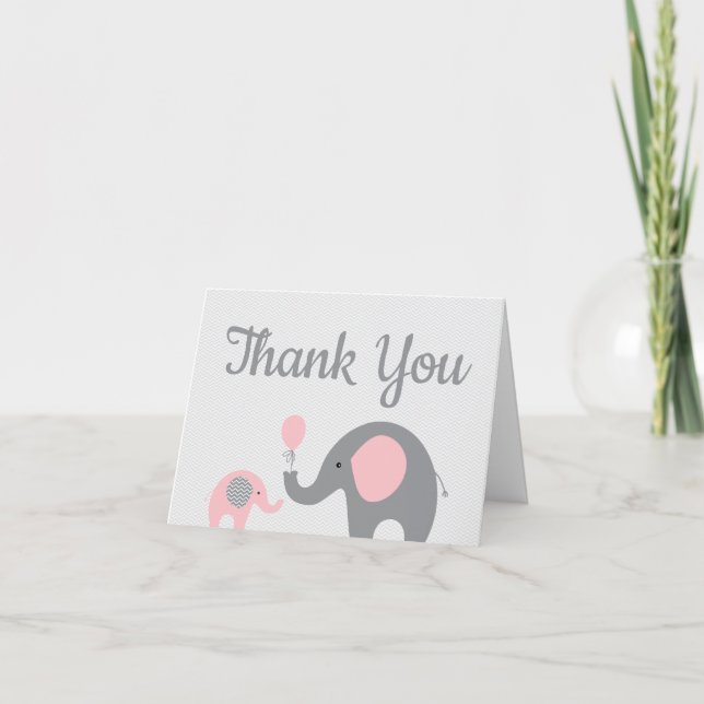 Pink Elephant Baby Shower Thank You Card Folded (Front)