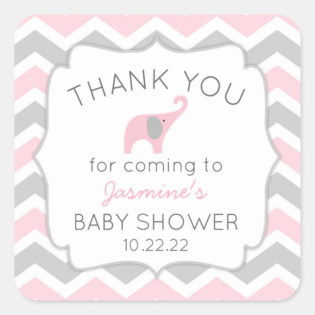Pink elephant baby shower thank you favor sticker (Front)
