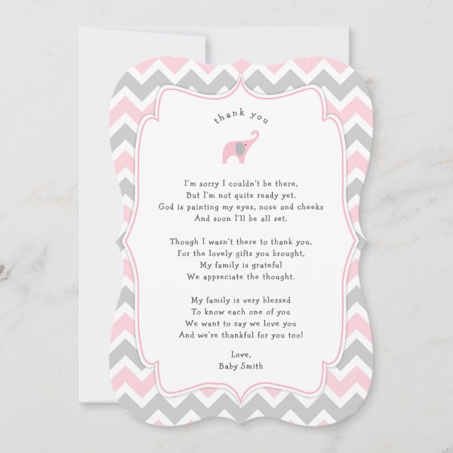Pink Elephant Baby Shower Thank you note with poem (Front)