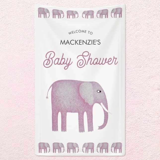 Pink Elephant Baby Shower Welcome Banner (Pink watercolor elephant baby shower welcome banner)